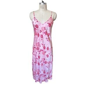 August Moon 100% Silk Floral Print Midi Slip Dress Size Medium